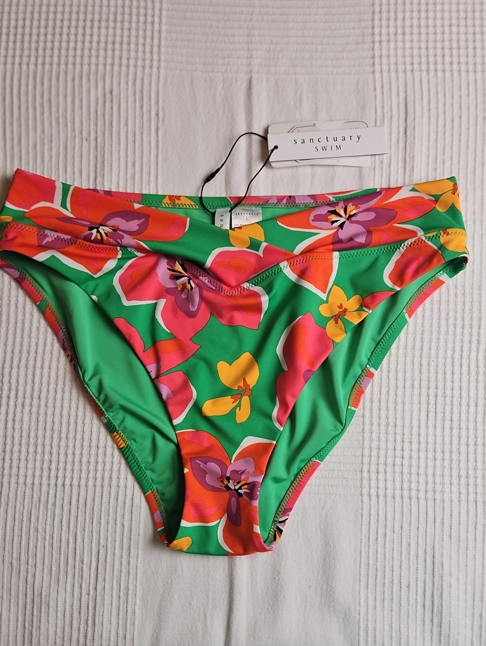 Sanctuary V-waist Front High Leg Bikini Bottom: Color- Green/Floral: Size- Large